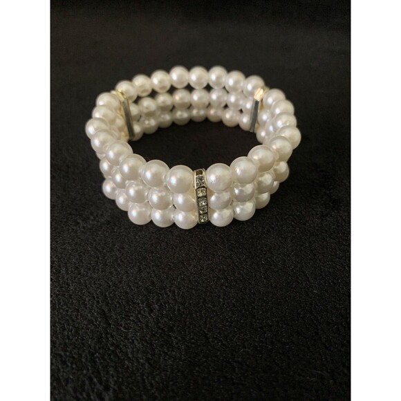 3 Rows Faux Pearl Rhinestone Stations Stretch Bangle Bracelet - Nice! - Picture 2 of 4
